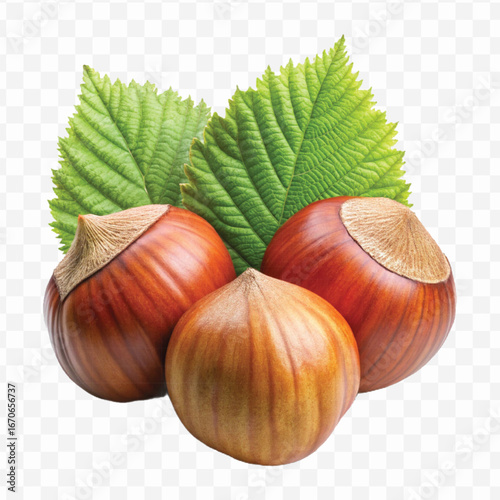 realistic 3d three hazelnuts with green leaves in different style isolated on transparent background