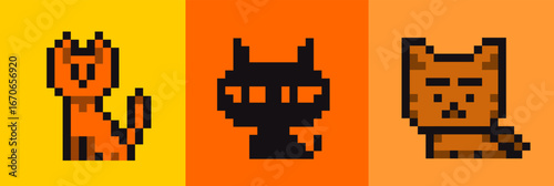 A collection of cute pixelated cat icons. Featuring a diverse set of adorable kitty graphics, these illustrations capture a trendy 8-bit aesthetic for your DIY digital projects