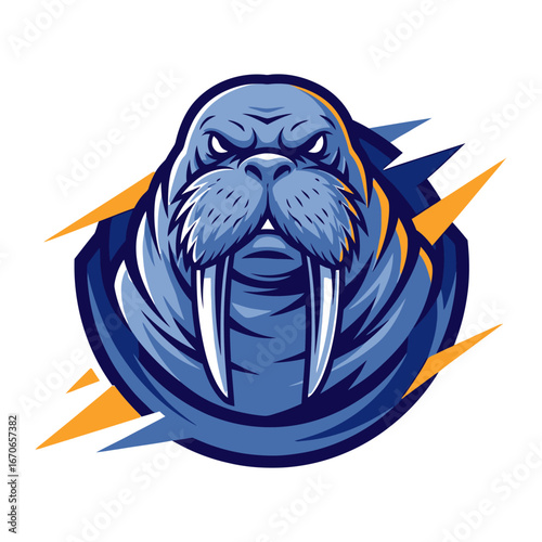 Majestic Walrus Mascot: A striking illustration of a powerful walrus, its formidable tusks and intense gaze, embodies strength and resilience, accentuated by a dynamic design.