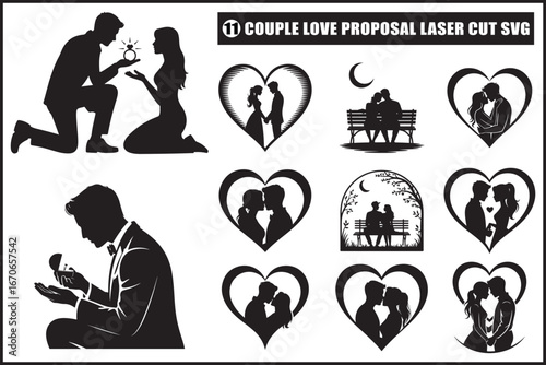 Romantic couple silhouettes capture proposal, embrace, and loving moments