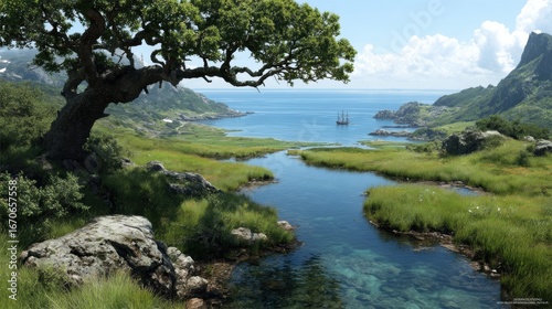 Majestic Cove Landscape with Ancient Tree and Turquoise River
