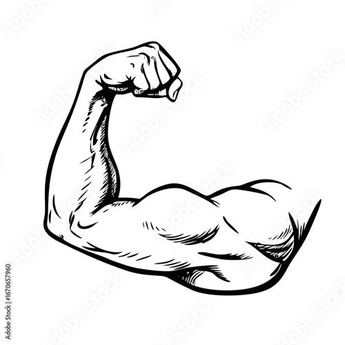 Bodybuilder muscle flex arm vector illustration. Strong macho biceps gym flexing hand vector icon