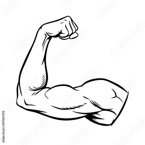 Bodybuilder muscle flex arm vector illustration. Strong macho biceps gym flexing hand vector icon