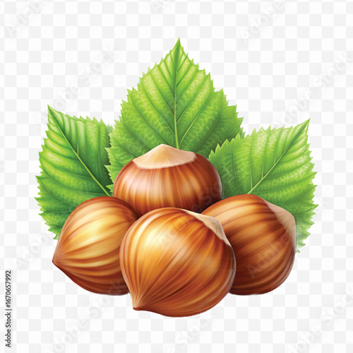 realistic 3d three hazelnuts with green leaves in different style isolated on transparent background