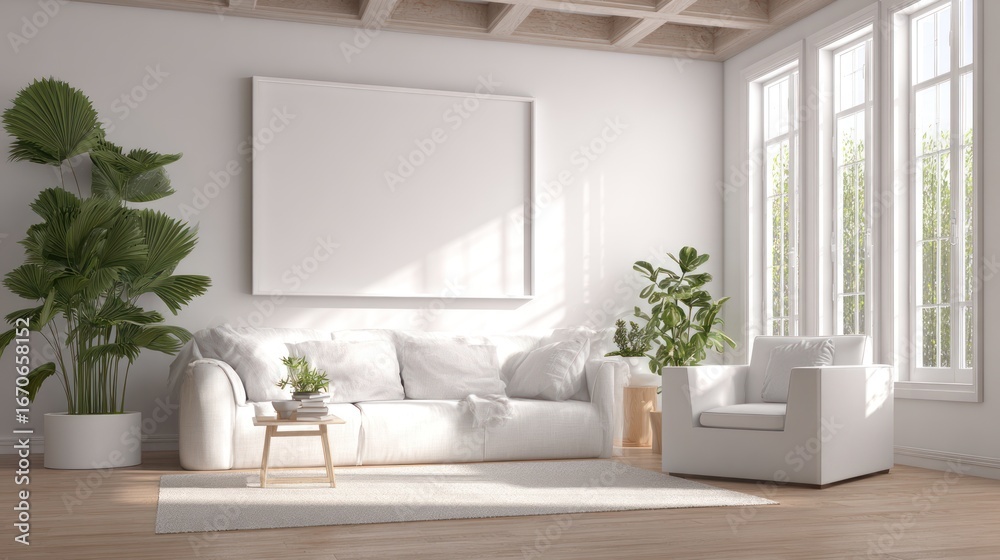 Fototapeta premium Bright Modern Living Room with White Sofa and Large Windows