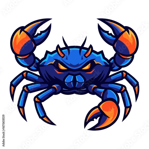 Enraged Sea Guardian: A stylized, vibrant illustration of a crab with intense eyes and fierce claws, embodying the raw power and defensive stance of a guardian of the deep.