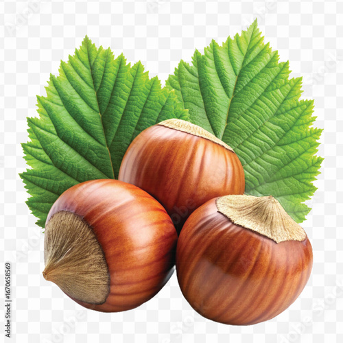realistic 3d three hazelnuts with green leaves in different style isolated on transparent background