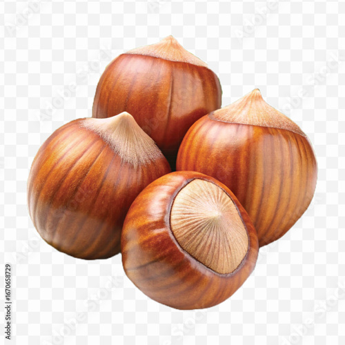 realistic 3d three hazelnuts with green leaves in different style isolated on transparent background