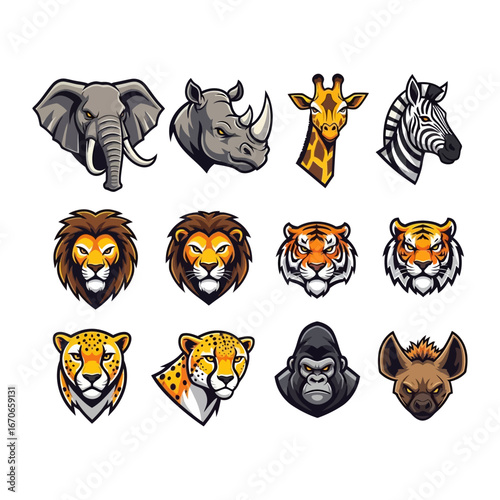 Exotic Wildlife: A curated array of striking animal portraits, featuring an elephant, rhino, giraffe, zebra, lion, tiger, cheetah, gorilla, and hyena. Each image is presented with vivid details.