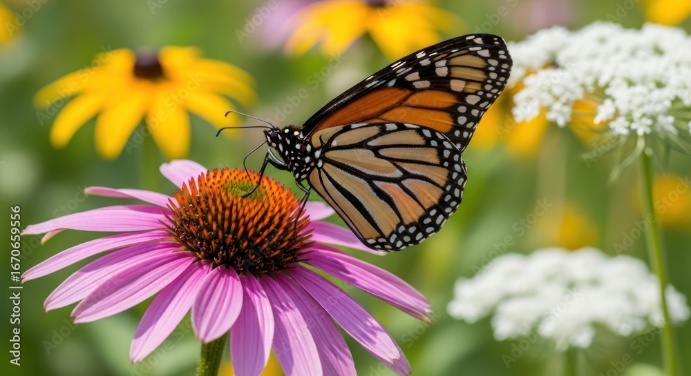 Fototapeta premium Monarch butterfly on a purple coneflower in a field of wildflowers