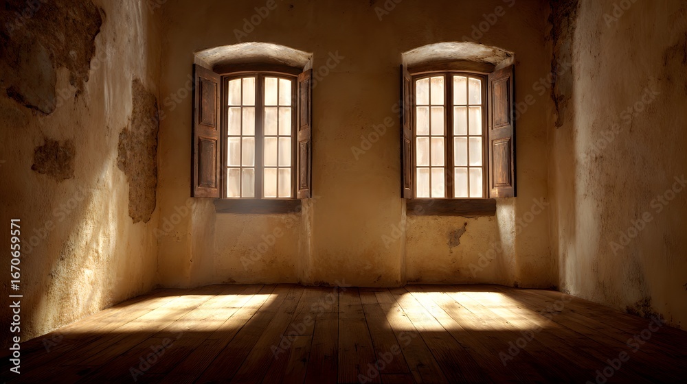 Fototapeta premium A sunlit interior room with aged walls and two arched windows, showcasing warm hues and a sense of tranquility.
