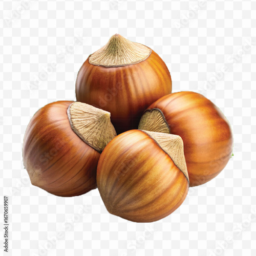 realistic 3d three hazelnuts with green leaves in different style isolated on transparent background