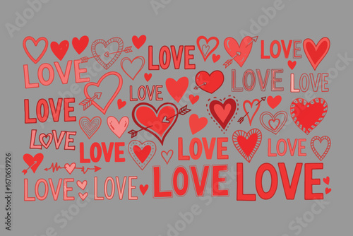 A vibrant collage of red hearts and the word love in various artistic styles perfect for valentine s day or romantic celebrations