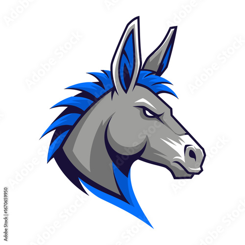 Donkey Mascot: A bold, stylized donkey mascot illustration, with sharp lines, strong colors, and a determined expression, perfect for representing strength and resilience.