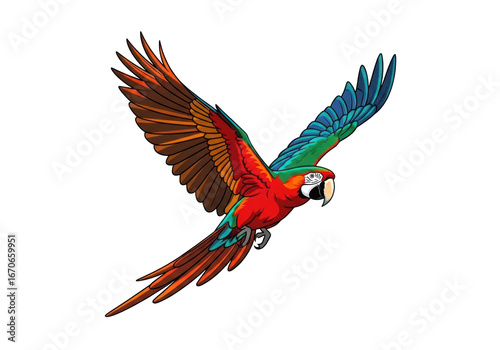 Dynamic graphic illustration of a scarlet macaw with emerald green, orange-red plumage in mid-flight, isolated on transparent background with copy space. Exotic wildlife concept.