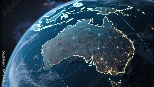 Planet earth at night with australia illuminated by city lights and network lines
