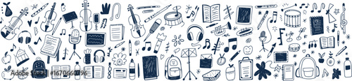 Complex collage of educational and technology doodles highlighting learning, curiosity, science, books, devices, music, art, communication, teamwork, solving, and exploration