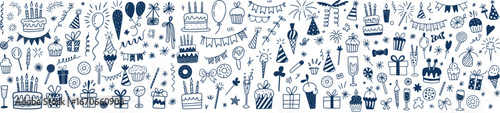Seamless celebratory pattern featuring blue doodles of balloons, cake, candles, gifts, party hats, confetti, banners and ribbons on a dark background, festive design inspiration