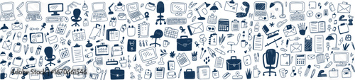 Intricate seamless pattern of electronic devices and tech icons featuring computers, smartphones, cameras, headphones, microphones, printers, tablets, routers, keyboards, mice