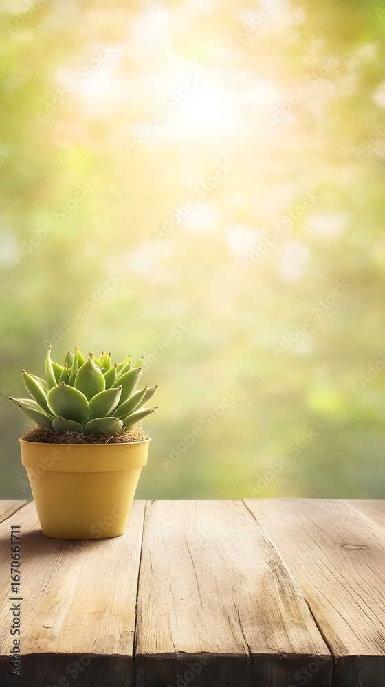 Fototapeta premium Succulent Plant in Yellow Pot on Wooden Table with Sunny Bokeh Background