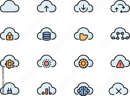 Cloud computing icons set, data storage vector symbols, cloud upload download, AI cloud service, secure cloud, cloud sync, online backup illustration