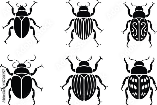 Beetle icons set, insect silhouette vector, decorative bug illustrations, scarab beetle graphics, vintage insect symbols, entomology design, stylized bug artwork collection