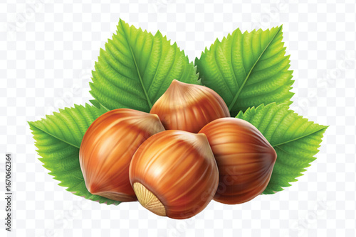 realistic 3d three hazelnuts with green leaves in different style isolated on transparent background