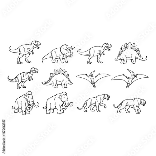 Dinosaur mammoth saber tooth tiger prehistoric animals drawing outline vector illustration design concept