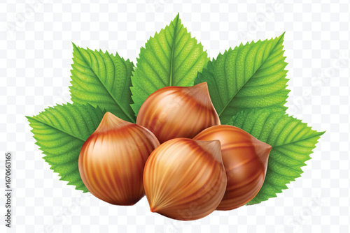 realistic 3d three hazelnuts with green leaves in different style isolated on transparent background