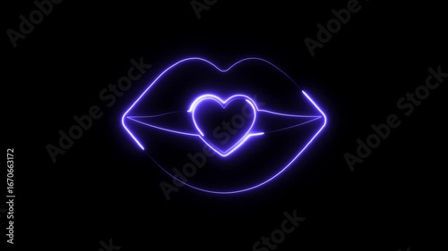 Neon purple lips outline with glowing heart shape inside abstract romantic symbol dark background elegant sensual
