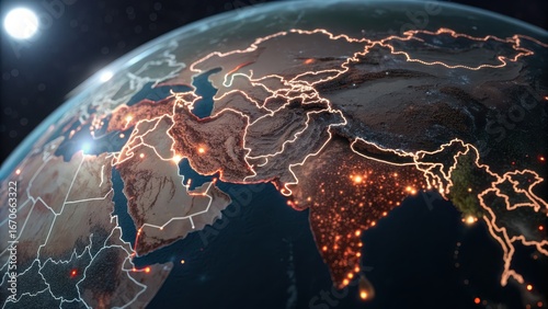 Middle east and south asia illuminated at night from space, highlighting city lights