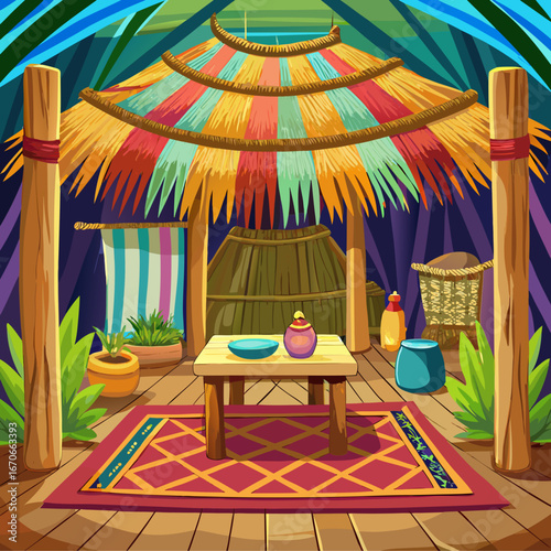 Vibrant tropical hut interior with colorful decor and natural elements
