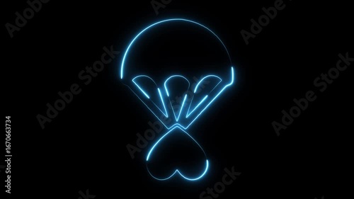 Blue neon parachute outline descending with heart shape below on black background abstract concept of love adventure