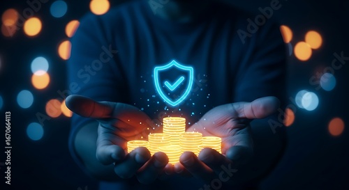 Hands Holding Digital Coins With Glowing Shield, Representing Financial Security And Protection