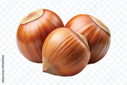 realistic 3d three hazelnuts with green leaves in different style isolated on transparent background