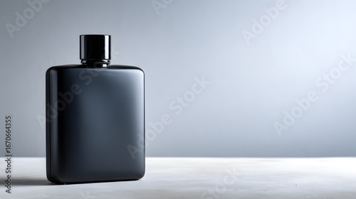 A stylish, minimalist black perfume bottle sits on a light gray surface against a muted gray background.