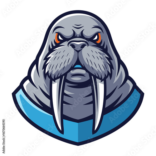 Aggressive Walrus Portrait: A fierce illustration of a walrus, showcasing its imposing tusks, piercing eyes, and determined expression. This artwork embodies the spirit of marine wilderness.