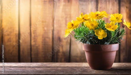 Wallpaper Mural a potted plant with yellow flowers on a rustic wooden table Torontodigital.ca