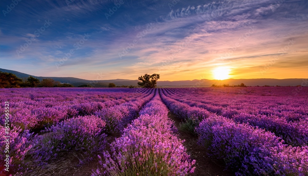 Fototapeta premium explore the tranquil beauty of a vibrant lavender field at sunset capturing nature s floral splendor and serene atmosphere