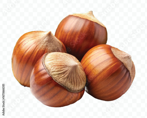 realistic 3d three hazelnuts with green leaves in different style isolated on transparent background