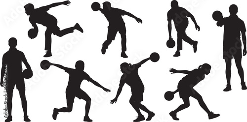 Silhouette of basketball player in different on white background