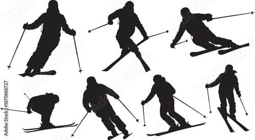 Black vector silhouette illustrations of people skiing on snow with extreme winter sports action