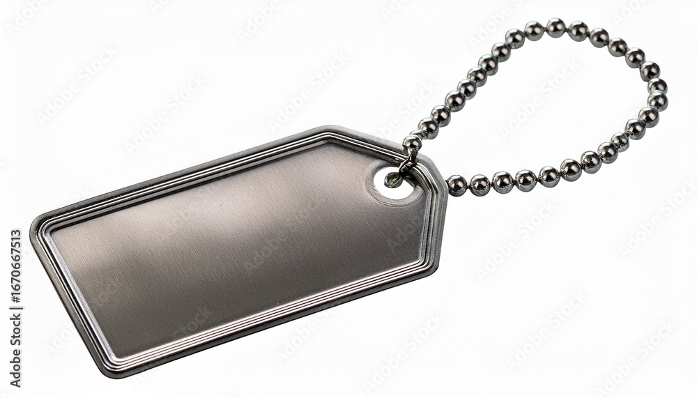 Fototapeta premium a metallic identification tag with a smooth surface attached to a chain of small beads transparent background