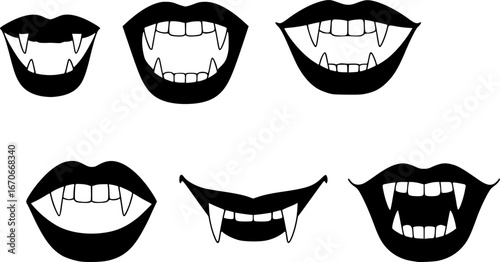 Set of Vampire Mouths and Fangs Silhouettes Halloween Icons
