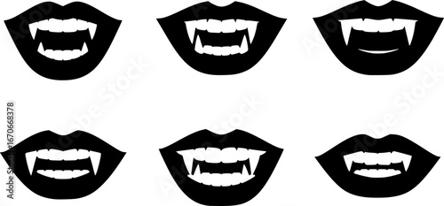 Set of Vampire Mouths and Fangs Silhouettes Halloween Icons
