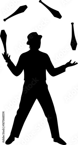 Street performer juggling silhouette vector art black color design and solid white background
