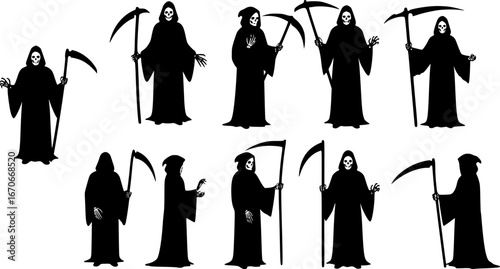 grim reaper silhouette vector style design set black color . white color background
