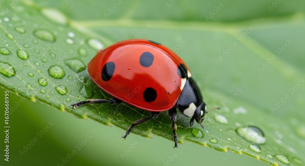 Obraz premium Ladybug rests on a green leaf covered in water droplets macro shot