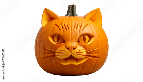 Halloween pumpkin carved like a cat face isolated on transparent background
