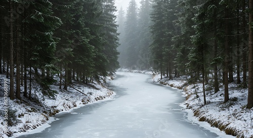 Fototapeta Naklejka Na Ścianę i Meble -  Frozen creek winding through a silent forest under a blanket of snow and winter mist
